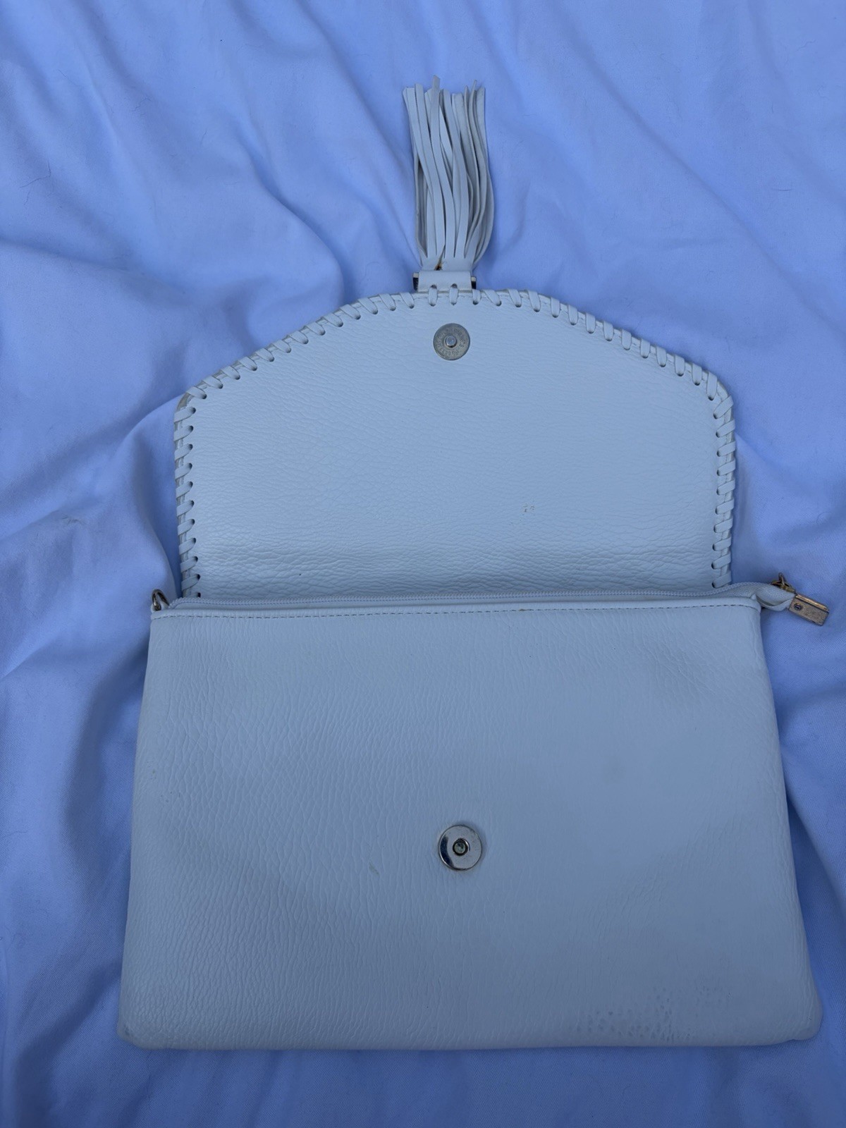 White Woven Envelope Oversized Clutch Bag Boho Tassel Whipstitch Purse