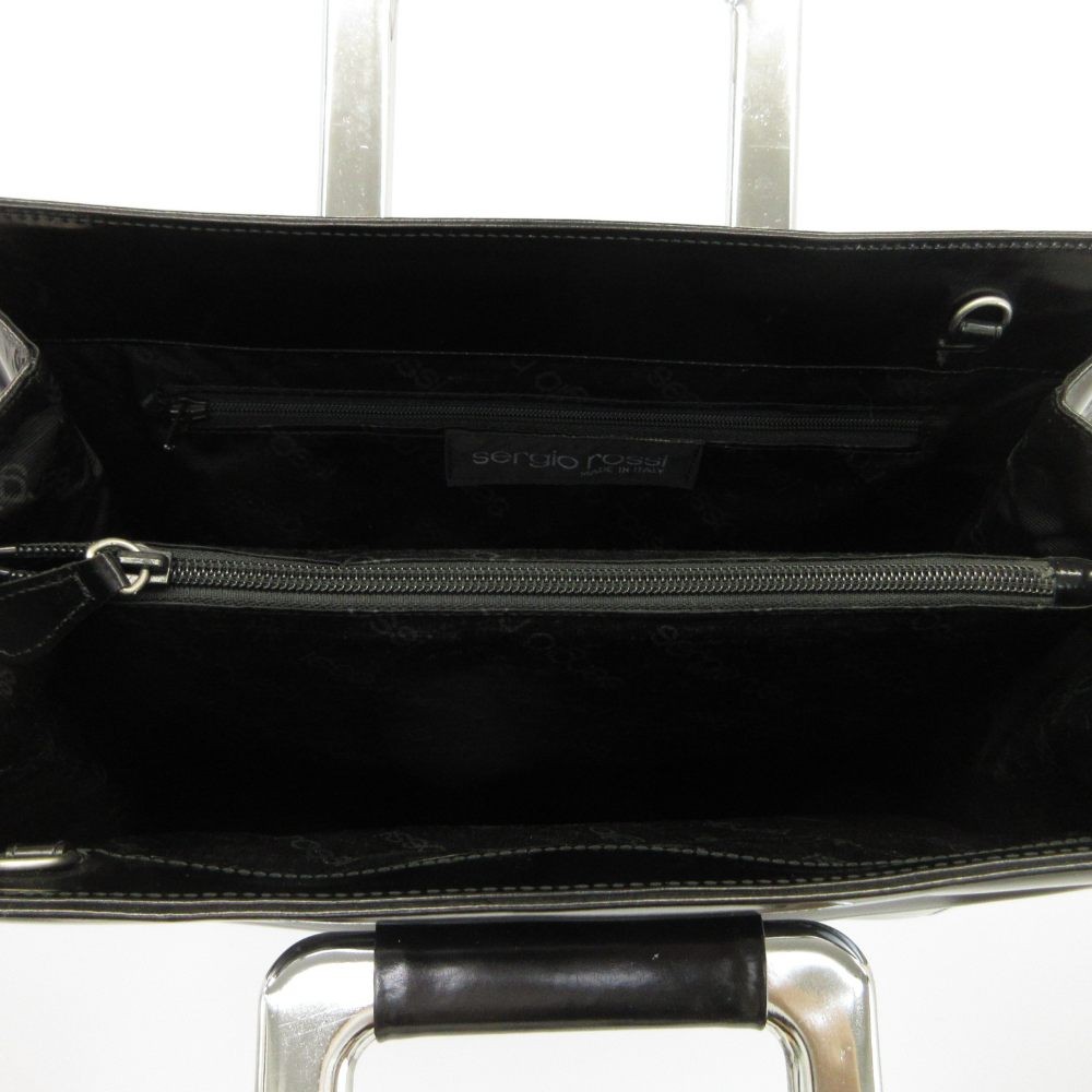 Sergio Rossi Handbag Black Enamel Square Silver Handle Embossed Used