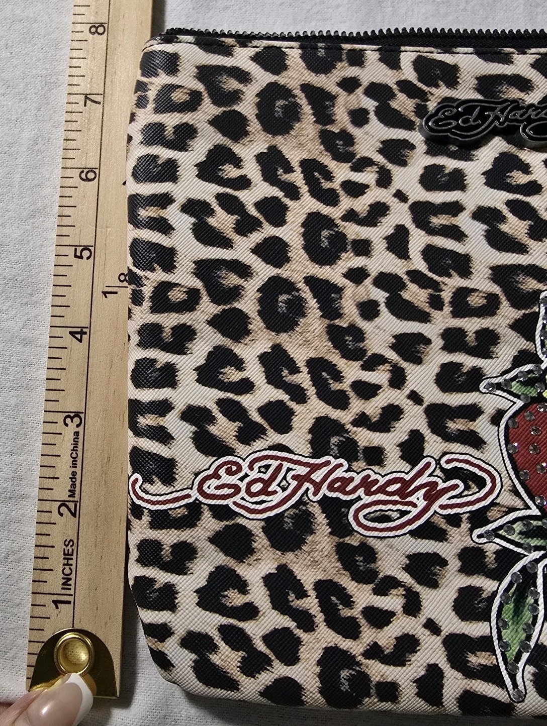 Ed Hardy Cheetah Leopard Print Love Hearts Rhinestone Wristlet Triple Hearts New
