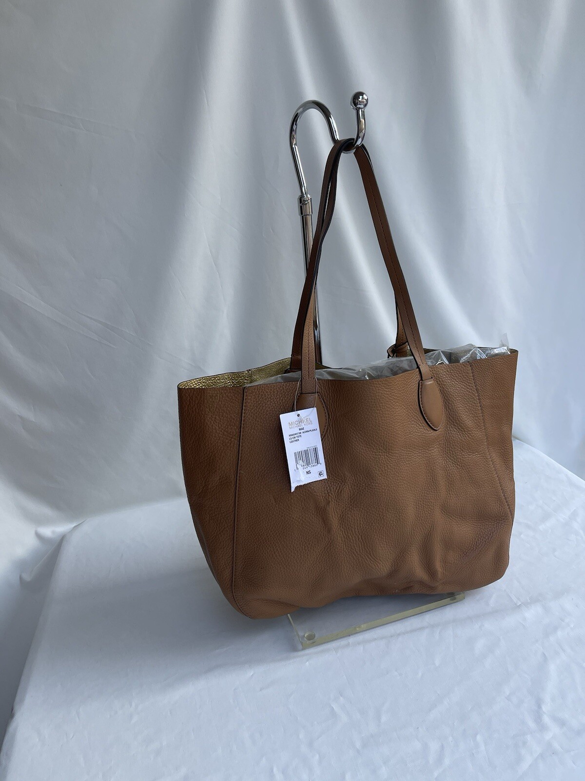 MICHAEL KORS MAE REVERSIBLE BROWN/GOLD LEATHER TOTE Appr. 12H X 17.5L New