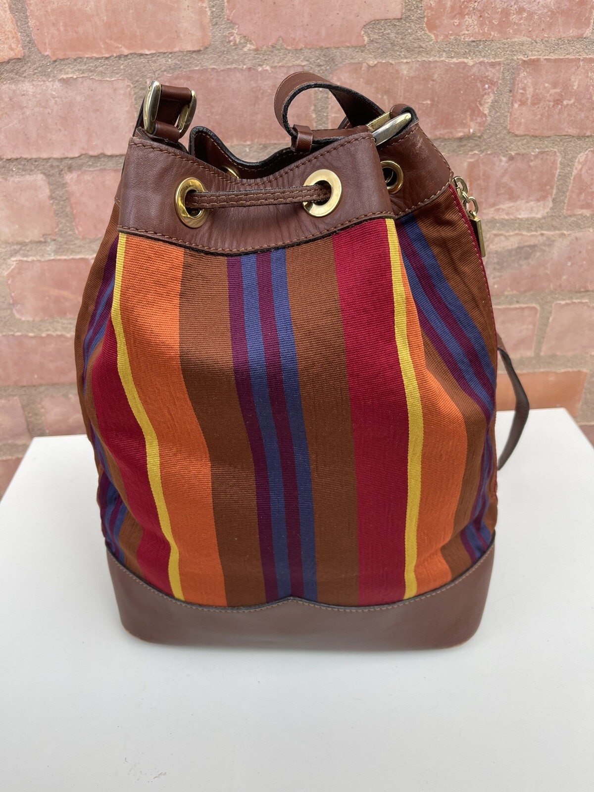 Vintage Céline Sangle Seau Striped Canvas Bucket Bag Crossbody Leather 1994 M94