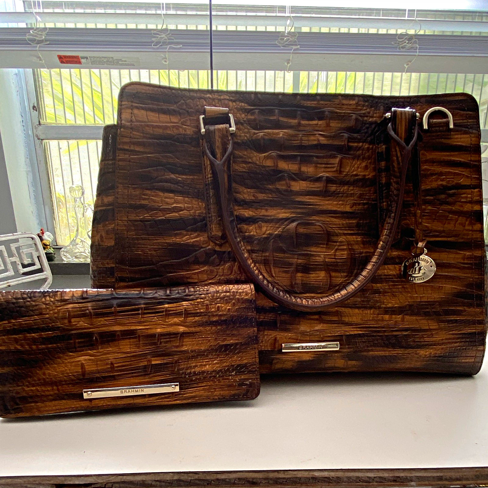 Brahmin Brown Croc Embossed Tote, Zip Closure, Bag Charm, Inner Pockets