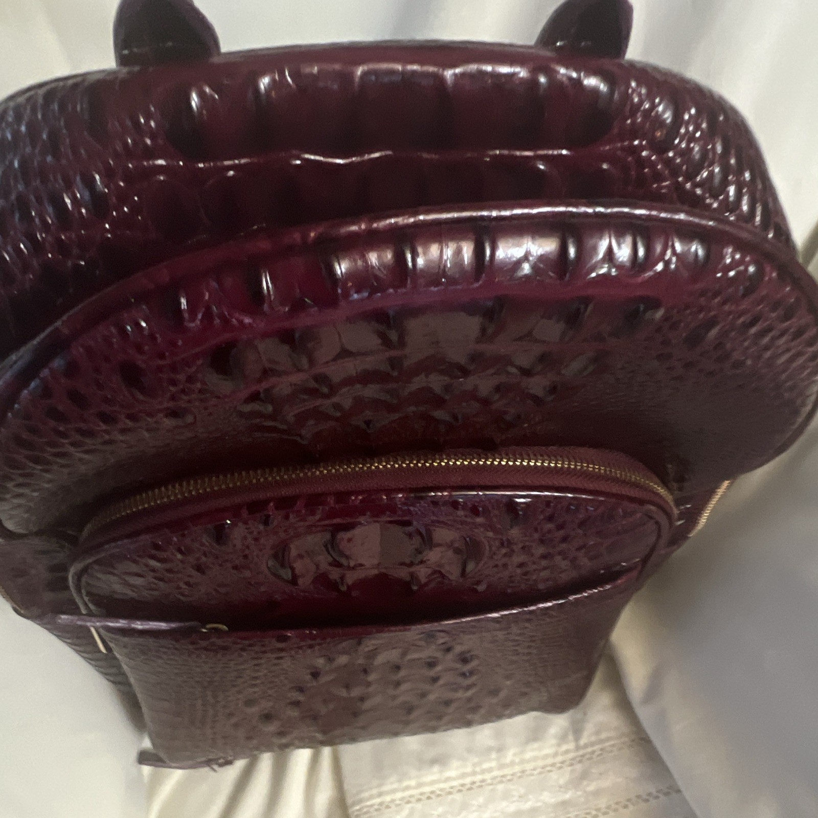 Brahmin Burgundy Embossed Backpack Zip Closure Gold Hardware Detachable Strap