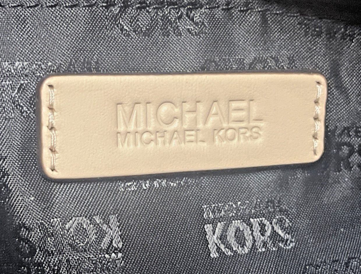 Michael Kors Black Tote, Shiny Black Soft Tanned Leather & Beige Strap Handles