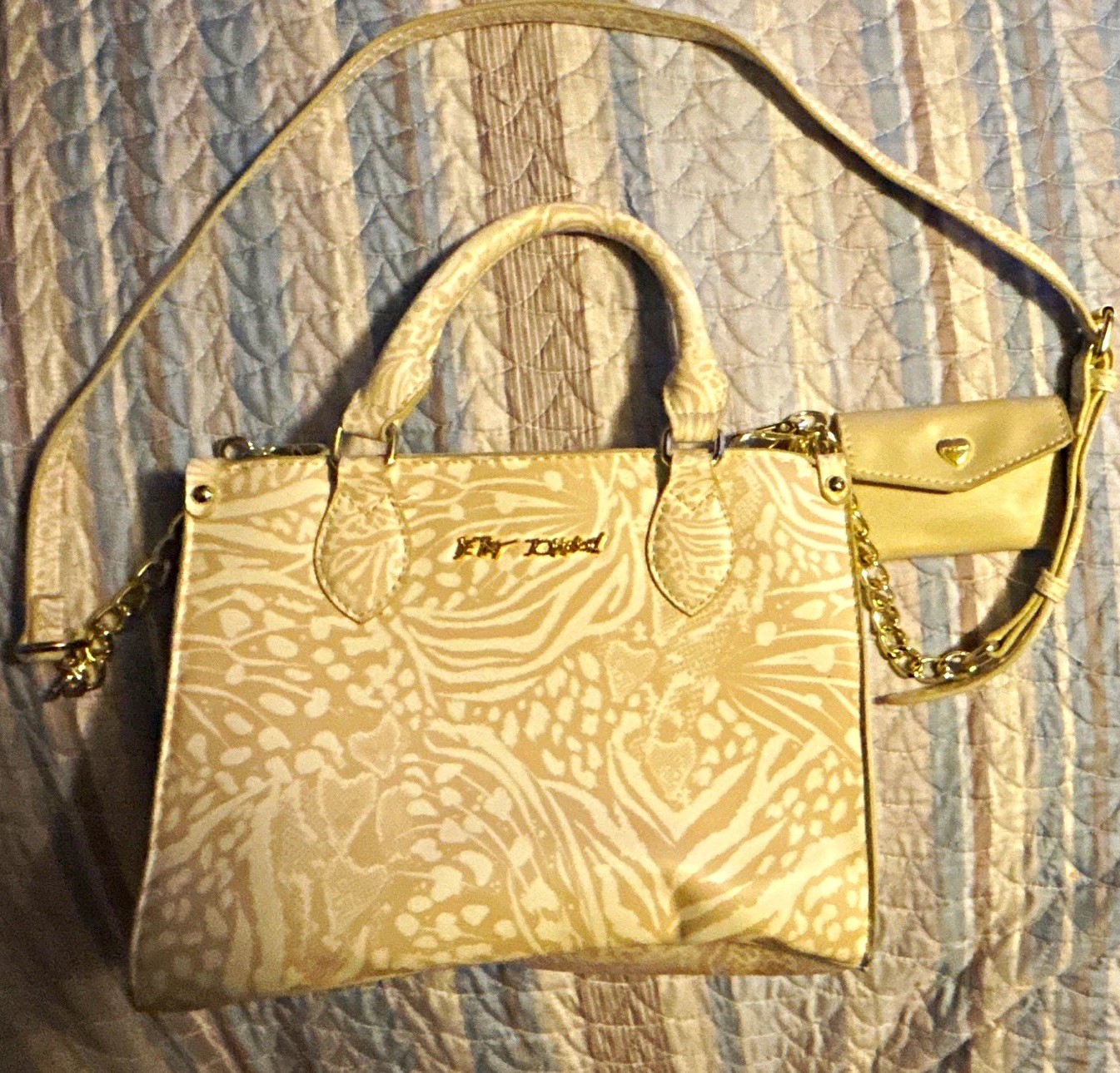Kate Spade Cream/Beige Floral Satchel Top Handle Zip Gold, Chain Strap Charm