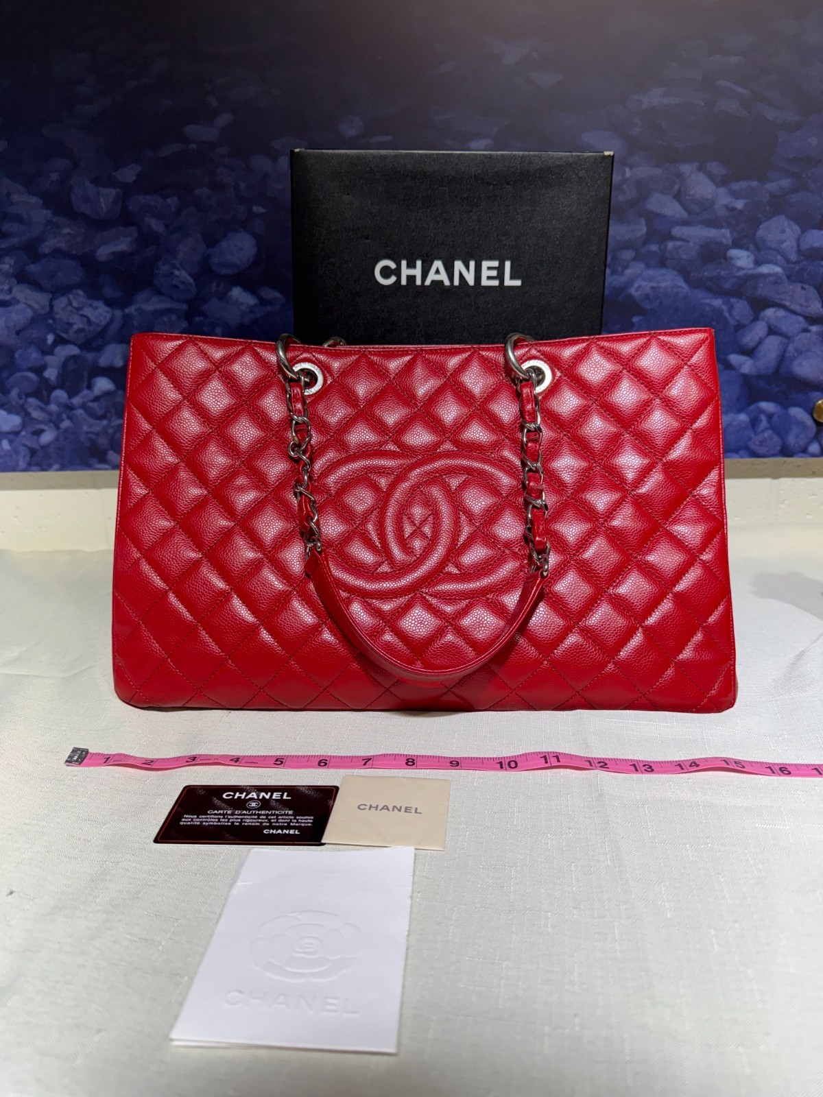 Chanel XL GST Grand Shopping Tote Red Caviar Leather Silver Hardware Preowned