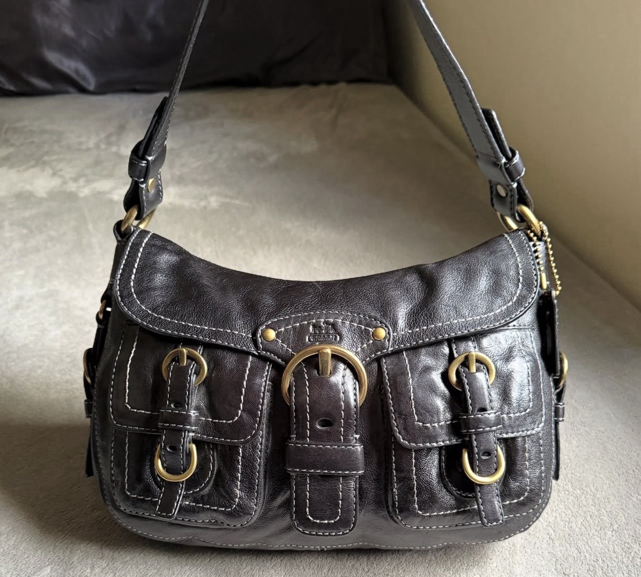 Coach Black Shoulder Bag, Shoulder Strap, Zip/Magnetic, Purple Lining Pockets