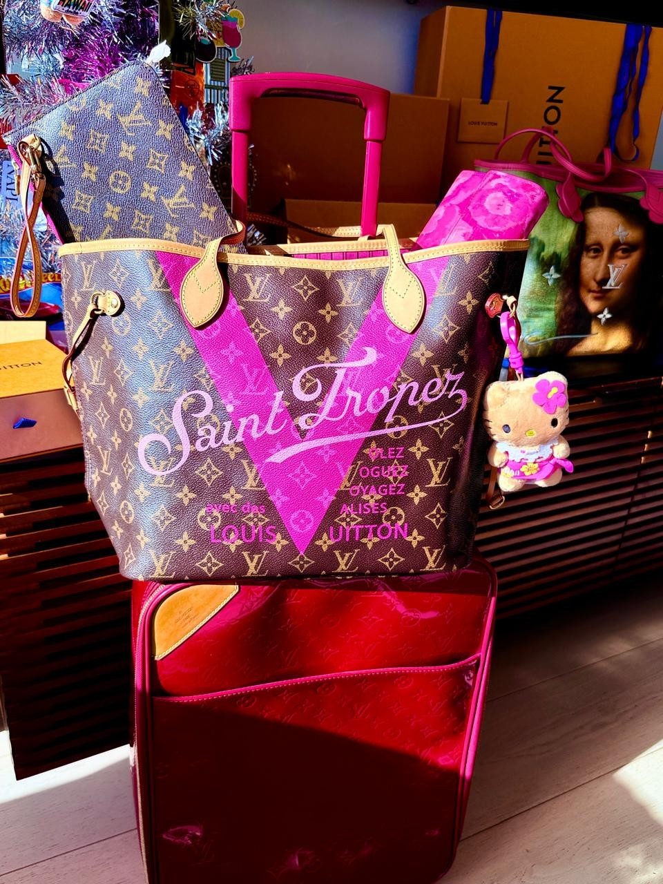Louis Vuitton SAINT TROPEZ Neverfull MM Bag Pondicherry Pink Monogram + POCHETTE