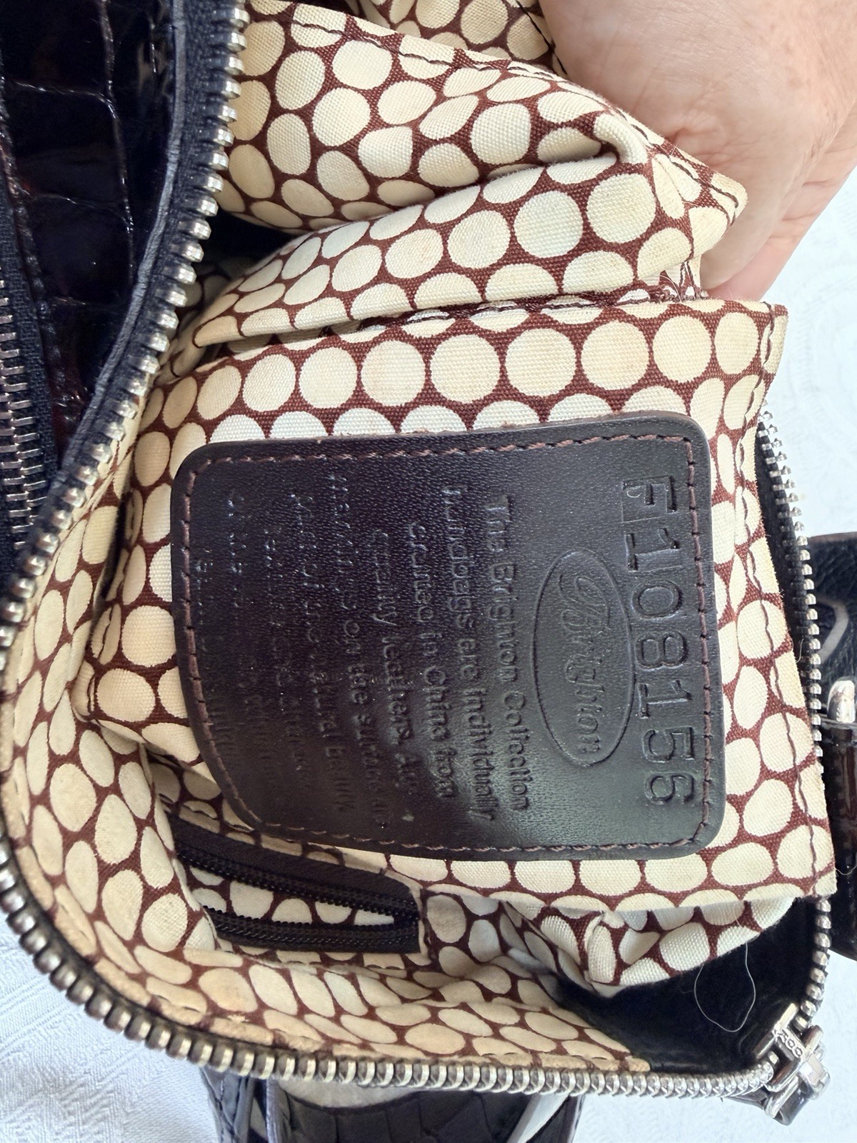 Brighton Black Shoulder Bag Brown Strap Patent Croc Trim Zip Pockets Silver