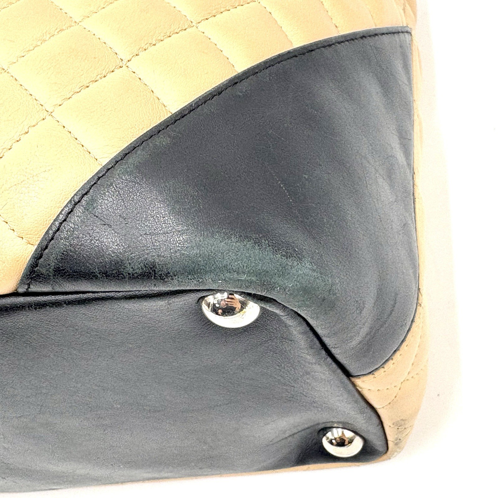 Auth CHANEL Cambon Line Large Tote Bag Beige Black Serial Sticker 2Y8885