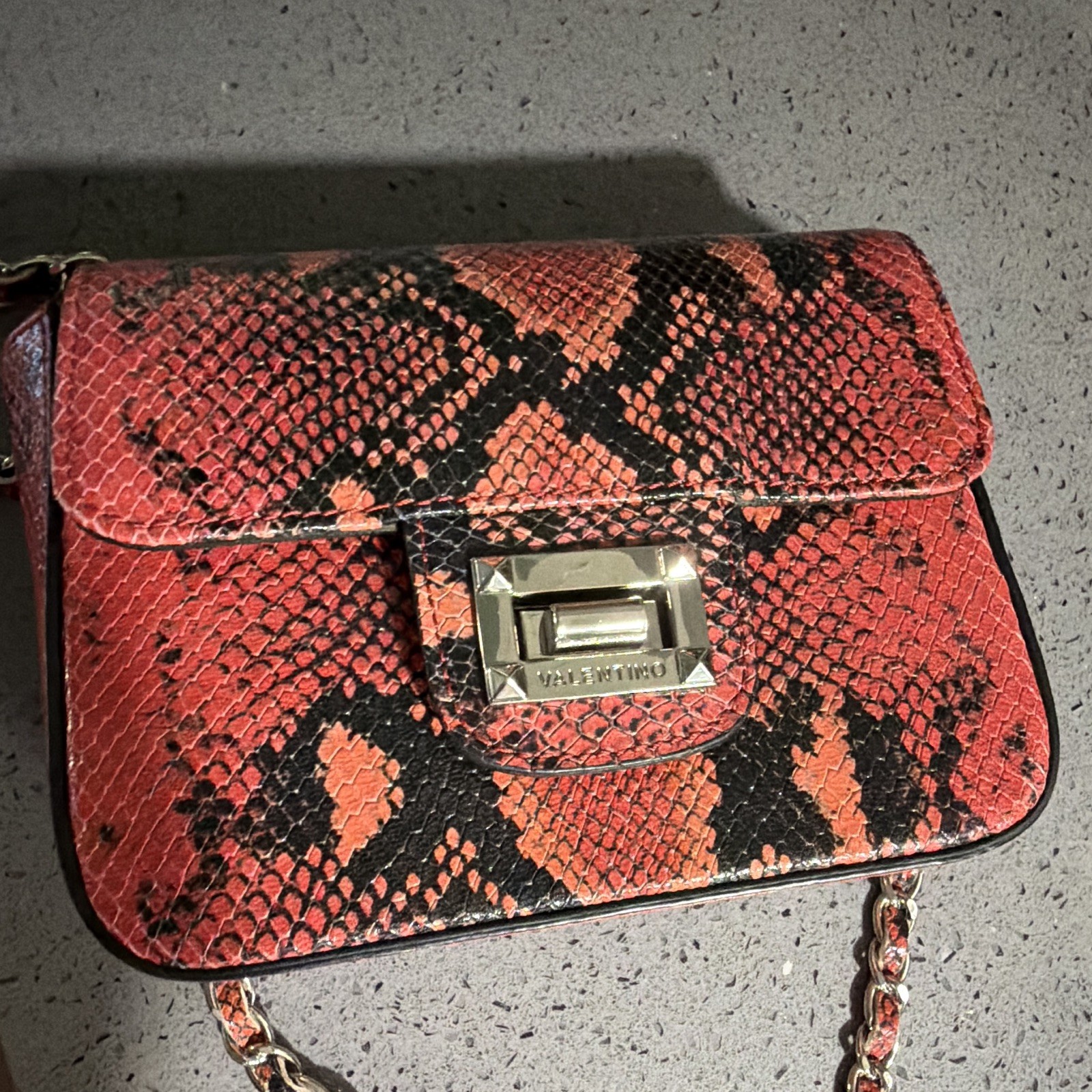 Valentino Snakeskin Pattern Small Crossbody Silver Chain Turn Lock Detachable