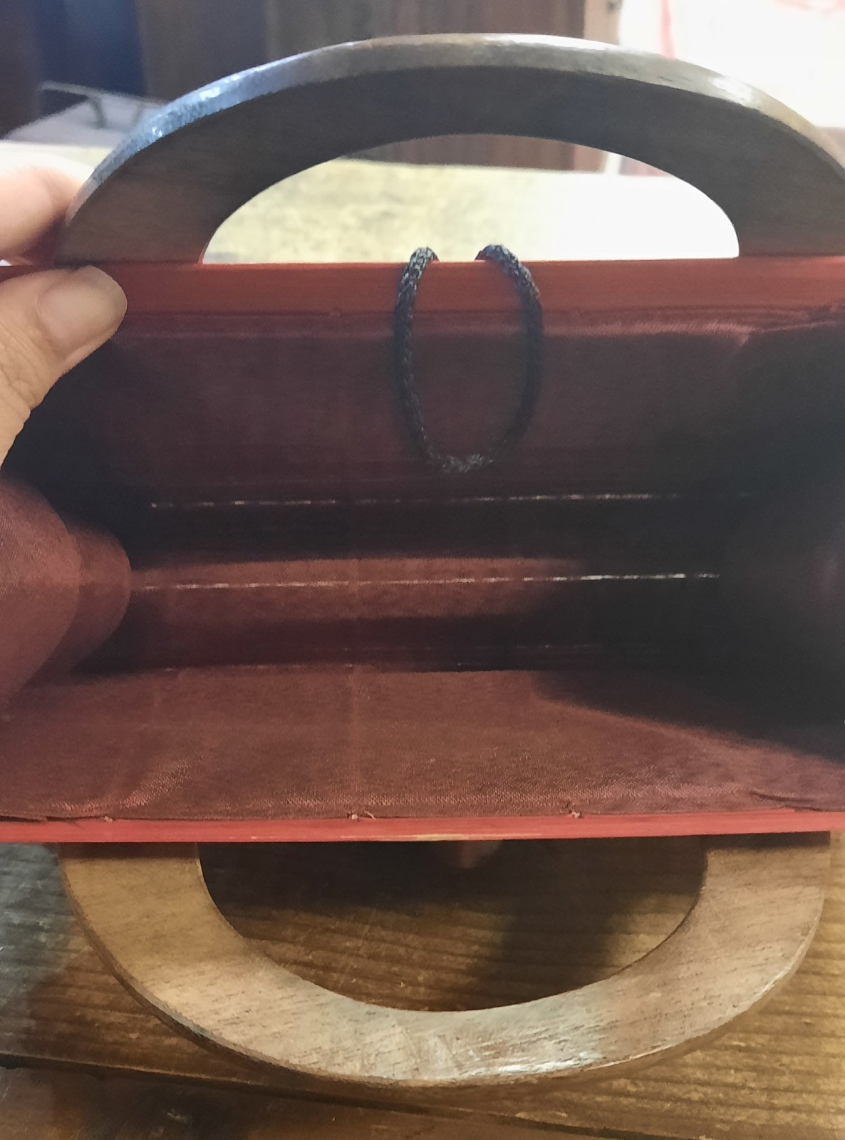 Red Bamboo Wood Top Handle Bag Button Accent Women’s Solid Rectangle
