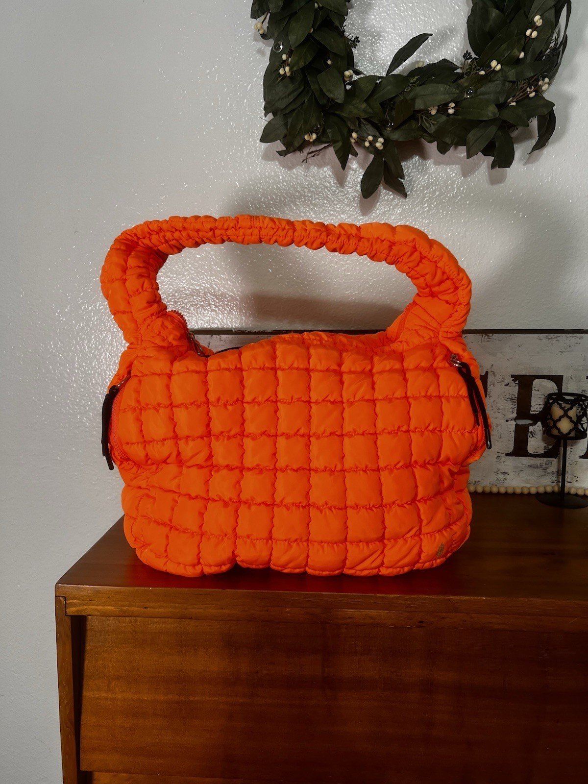 Free People Orange Quilted Handbag Zip Top Handle Lined Pockets Silver HW