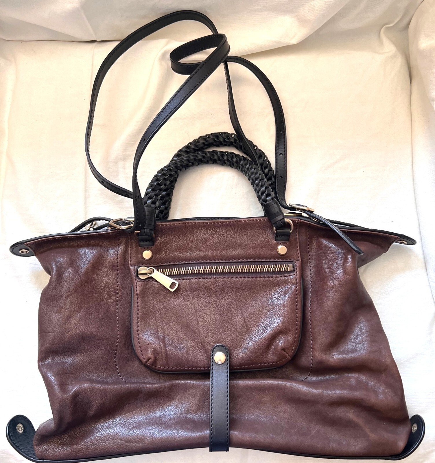 Gryson Skye Brown Soft Supple Leather w Black Leather Trim Shoulder Bag Handbag