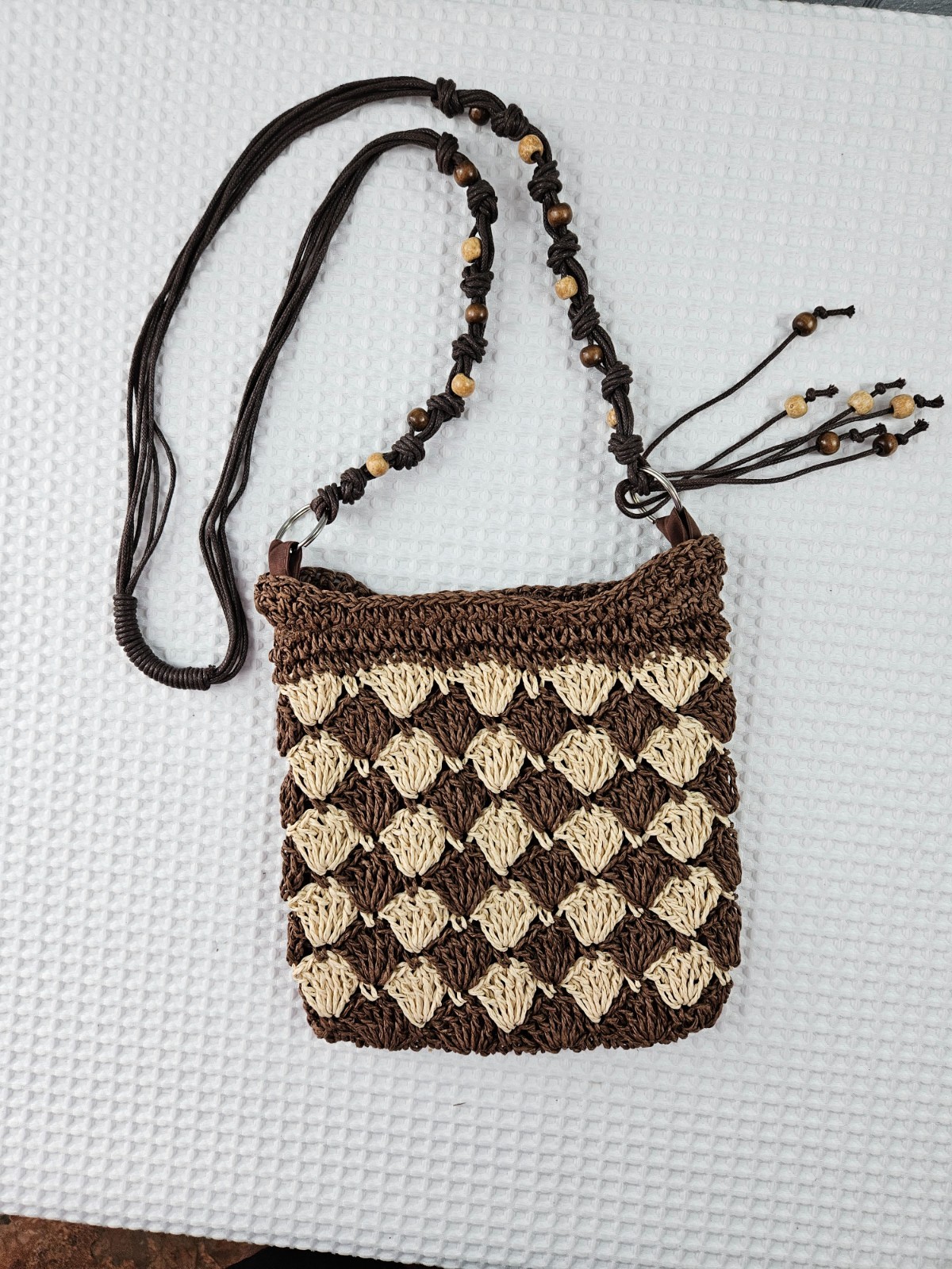 Cruise Club Straw Crossbody Bag Beige Black Woven Lightweight Beads Tassel Lined