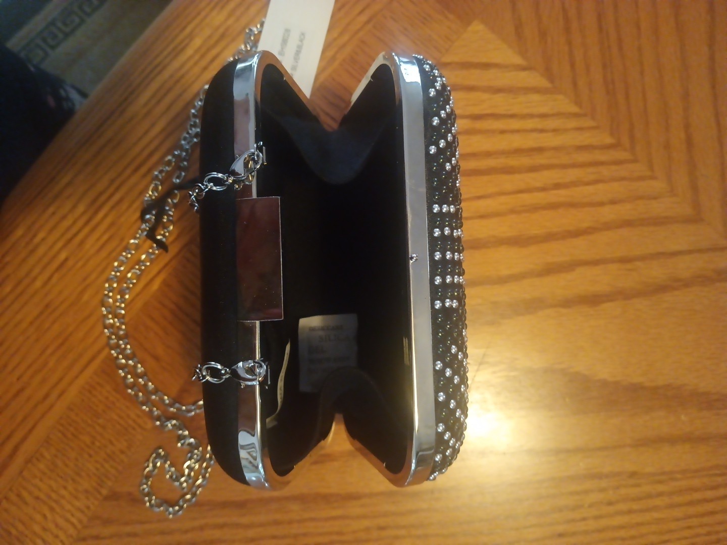 VTG JNB Women’s Evening Box Clutch,Silver/Black Crystals/Black Satin Back NWT