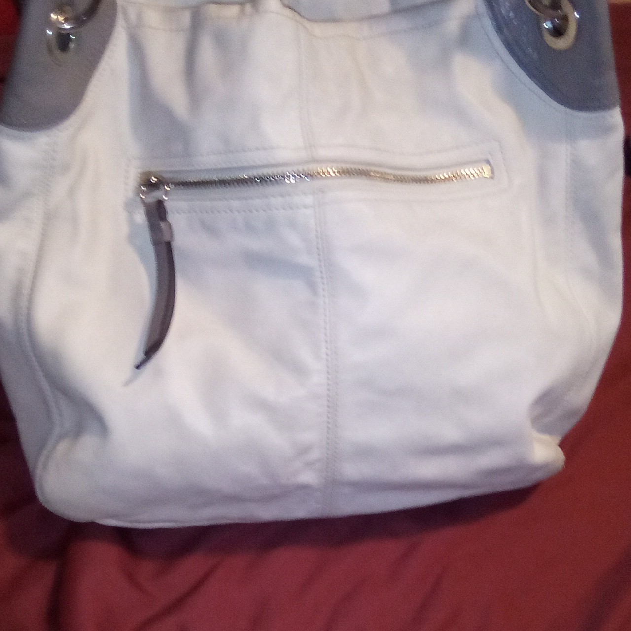 Coach Leather Hobo Ivory Gray Shoulder Bag Zip Outer Pocket Charm Silver