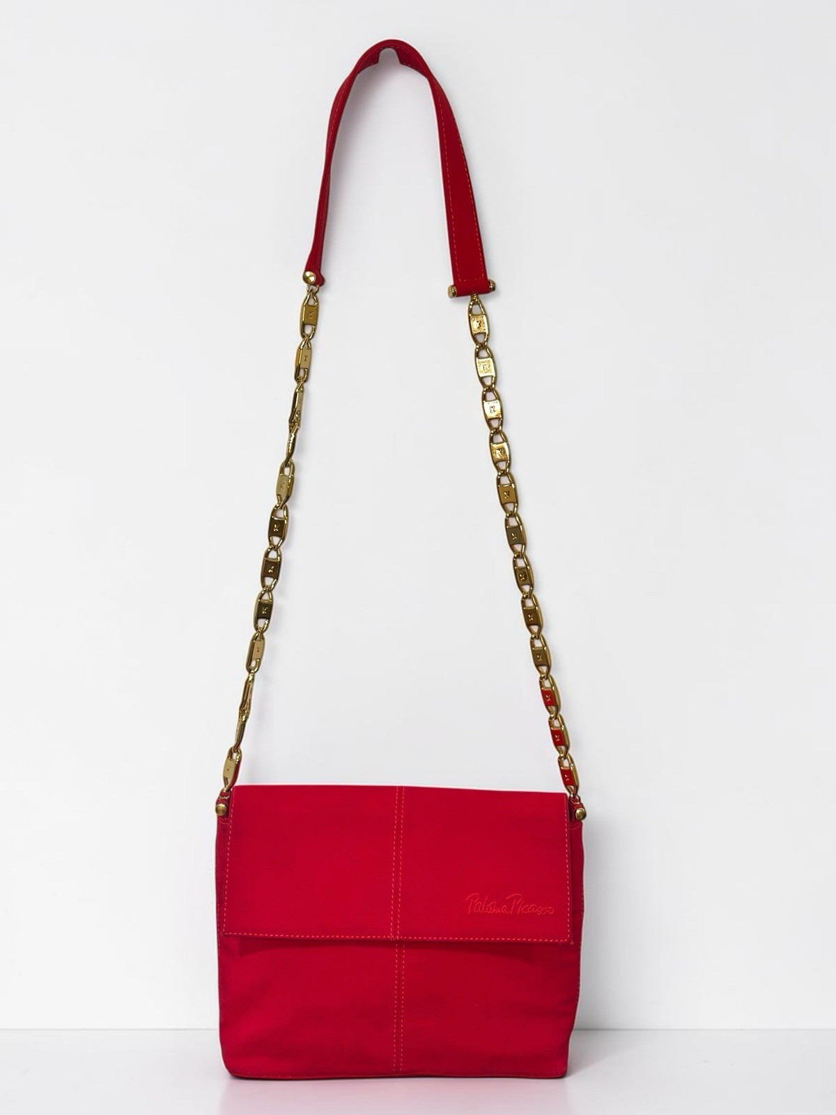 Paloma Picasso Red Leather Crossbody Bag Gold X Chain Italy Vintage 80s Designer