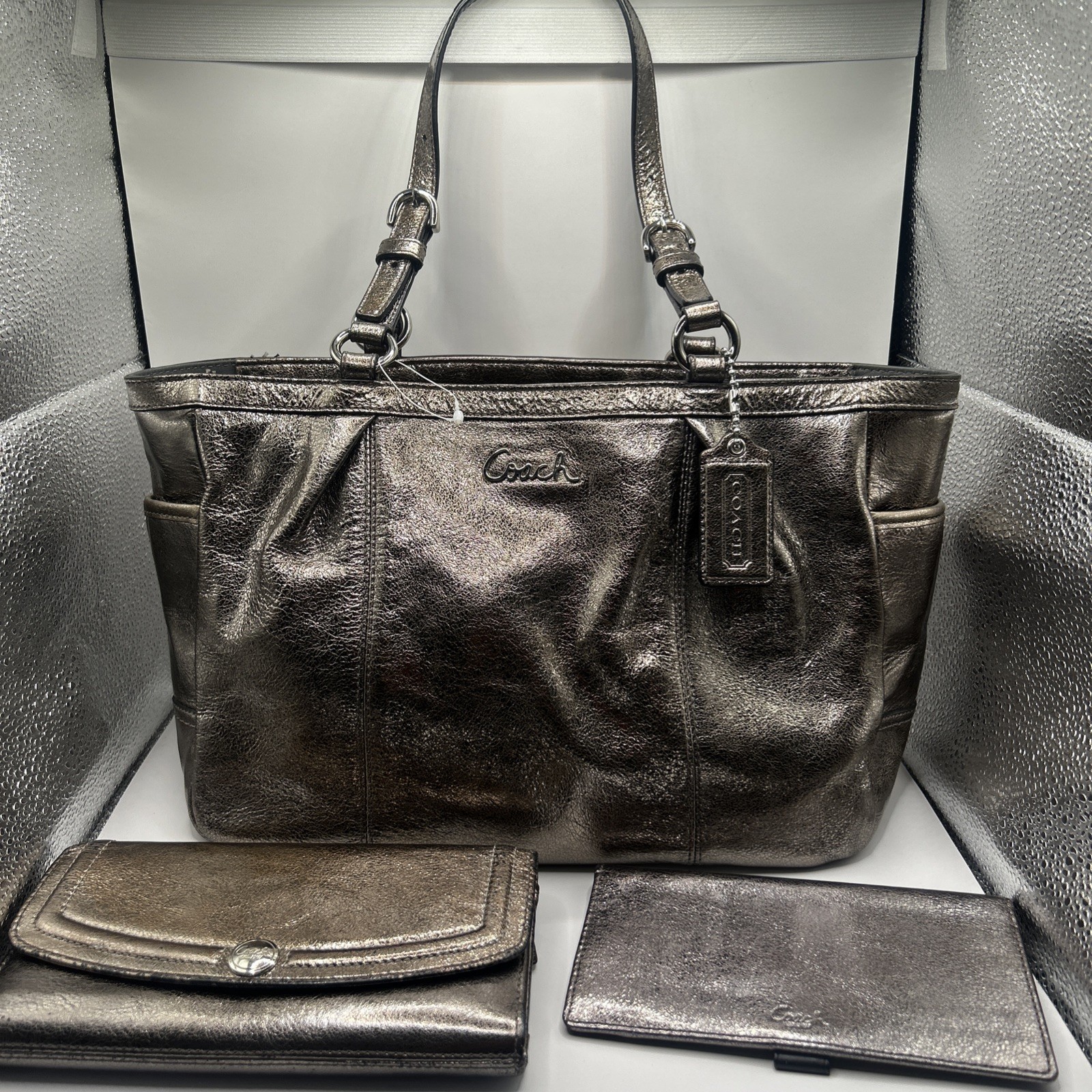 Rare Vintage Coach Gunmetal Metallic Leather Purse Tote & Matching Wallet Set