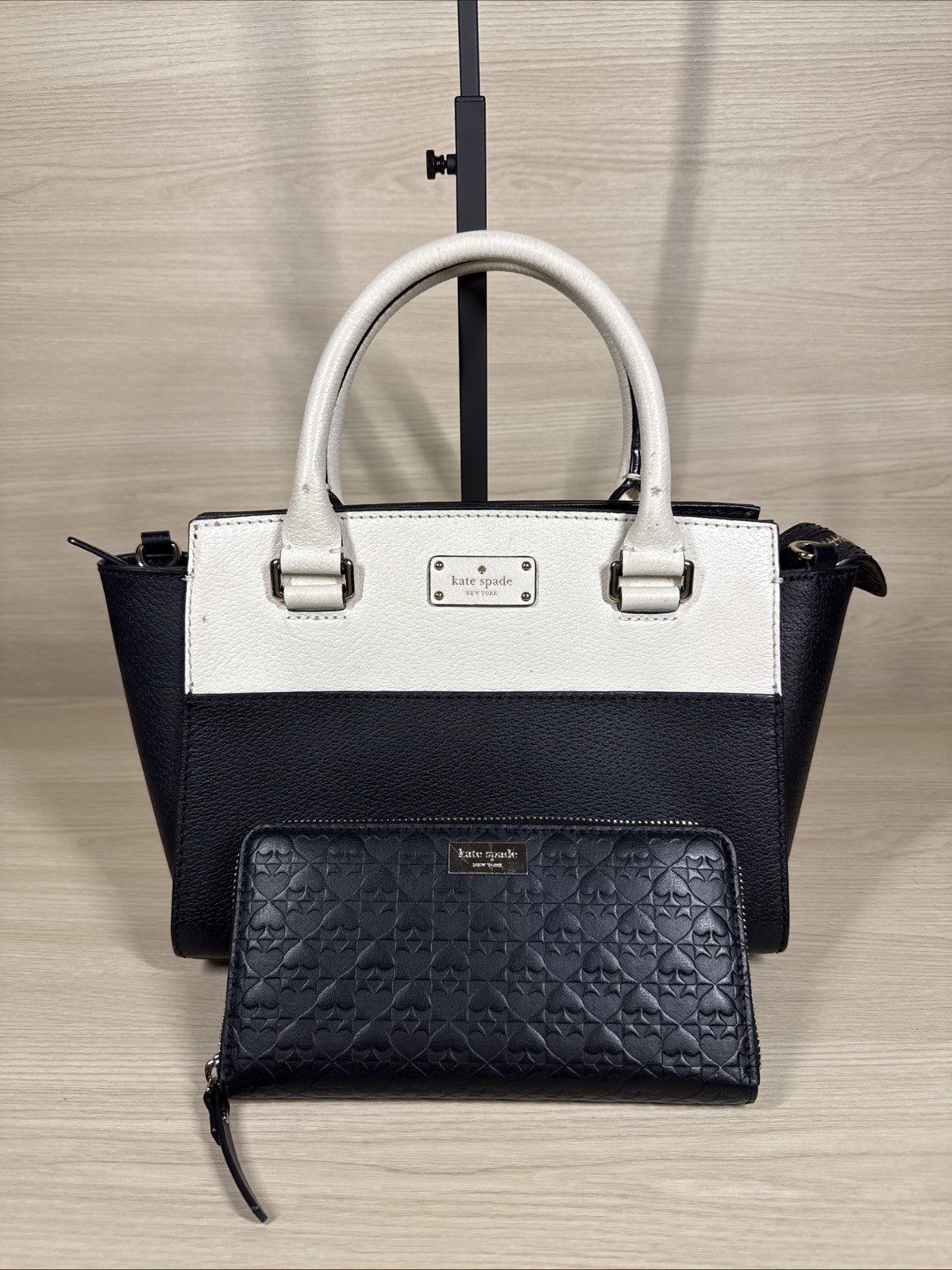 Kate Spade NY Grove Street Caley Leather Satchel Purse Black White W/ Wallet