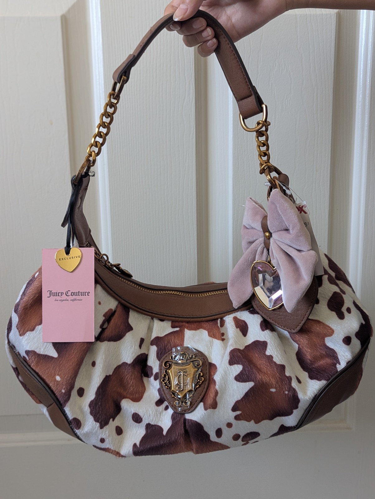 Juicy Couture Romance Cow Print Faux Fur Hobo Shoulder Bag Saddle NWT Y2k