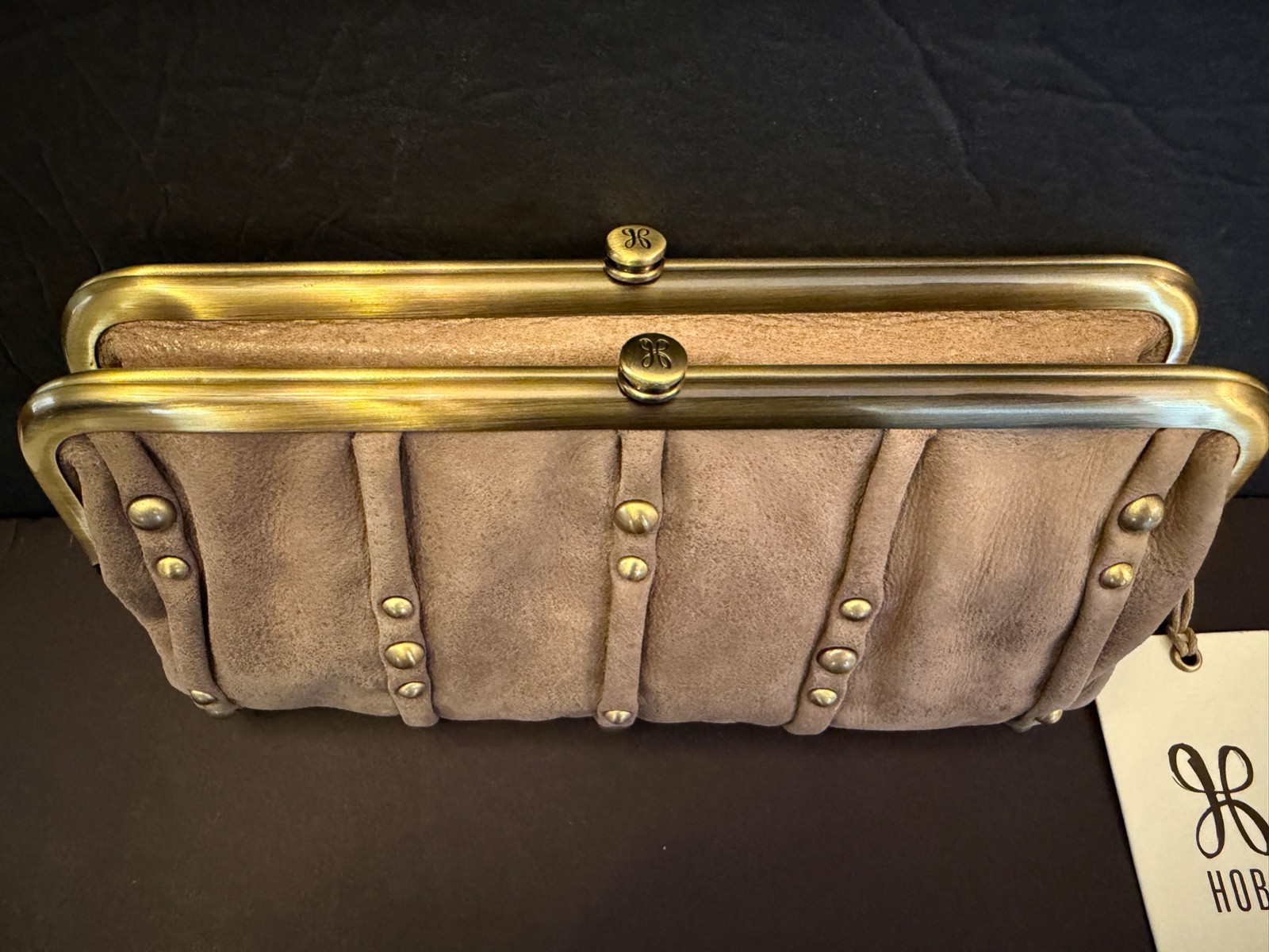 Hobo Brand Lauren Pleated Leather Studded Wallet Clutch Hazel New With Tag
