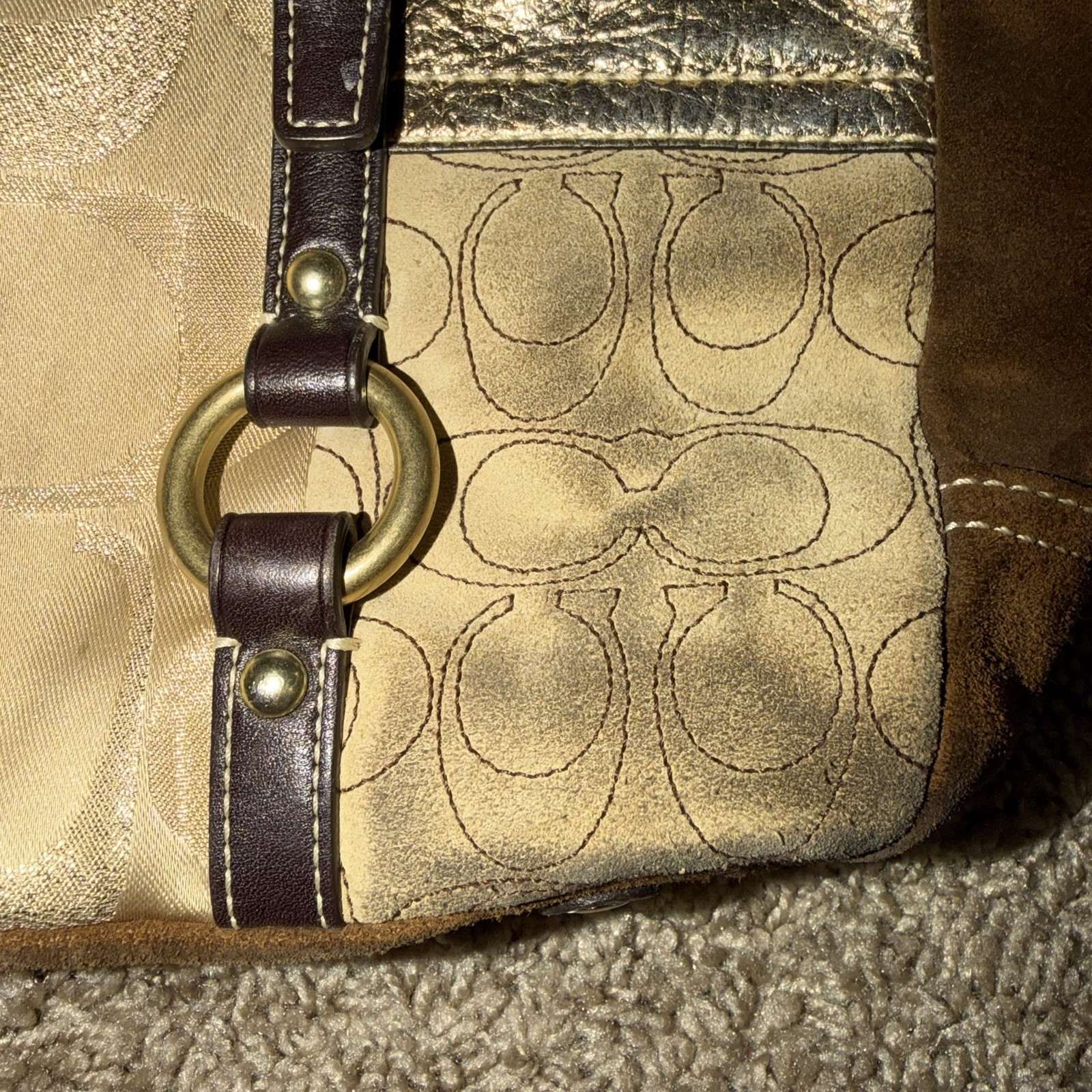 Coach Signature patchworkLogo Tote Bag Medium Beige/Brown Zip Top, Gold Hardware