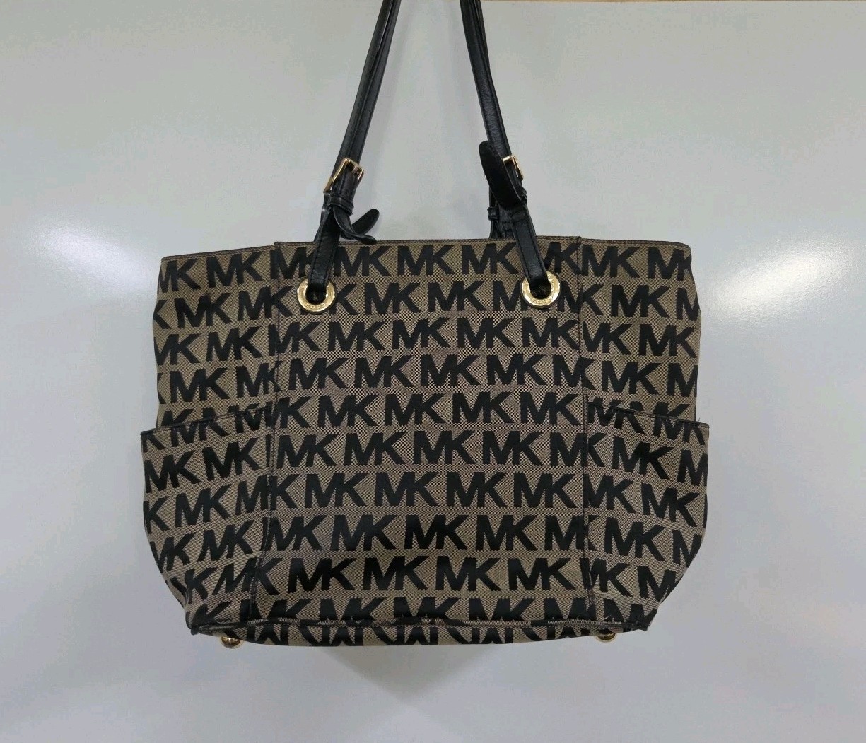 Michael Kors Logo Pattern Brown Canvas Tote Shoulder Bag Black Handles Women