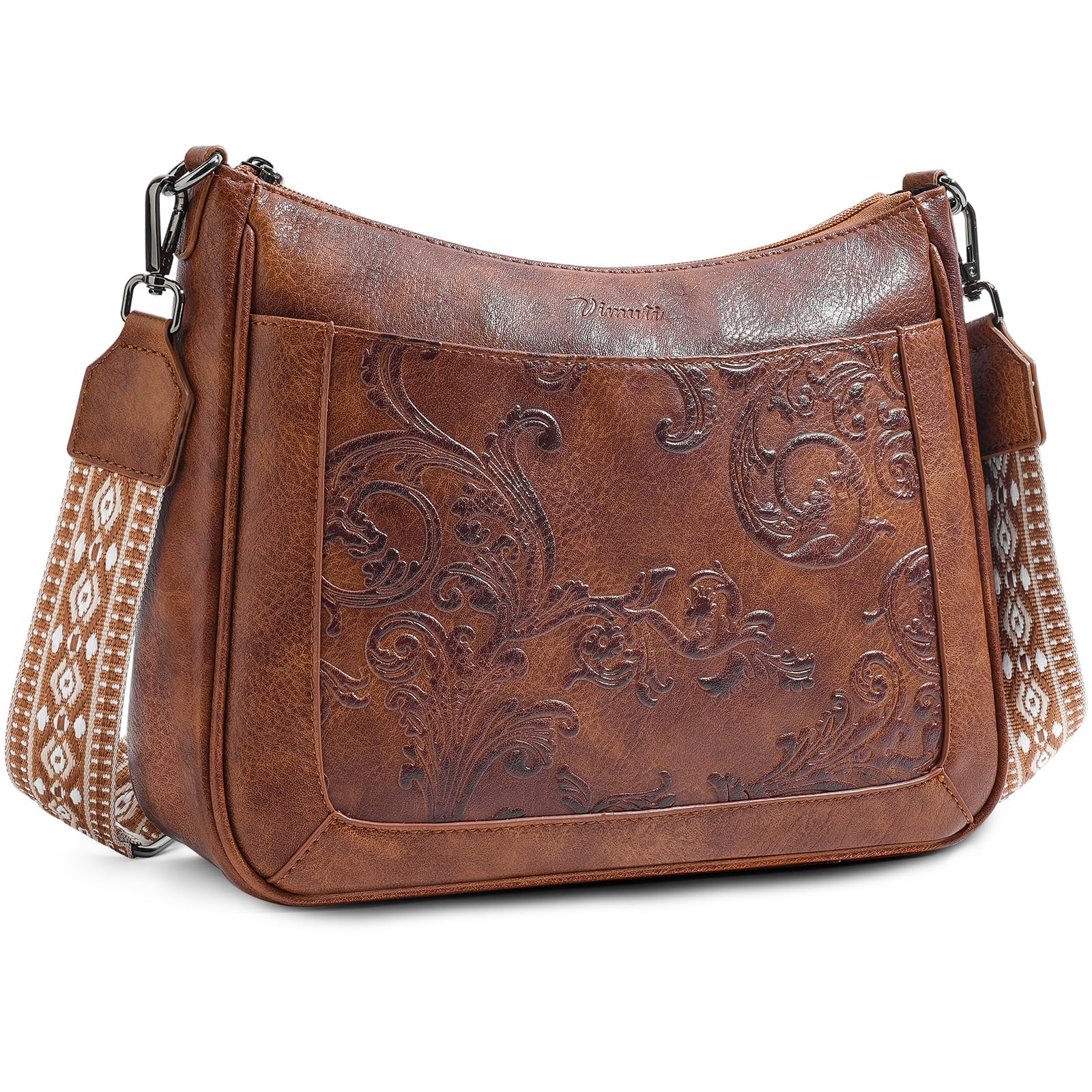 Vegan Leather Crossbody Purse Women Medium Adjustable Strap Embossed Flower Shou