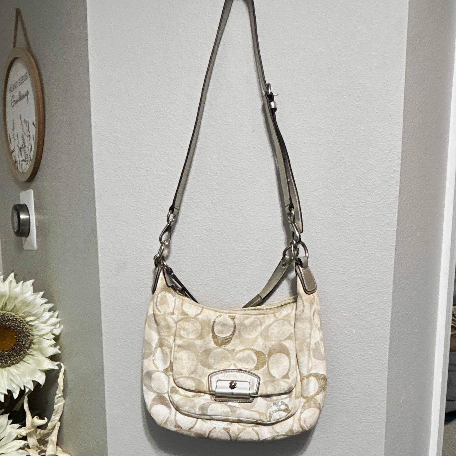 Coach Penelope Signature Sequin Bag Zip Closure Detachable Cross Body Strap