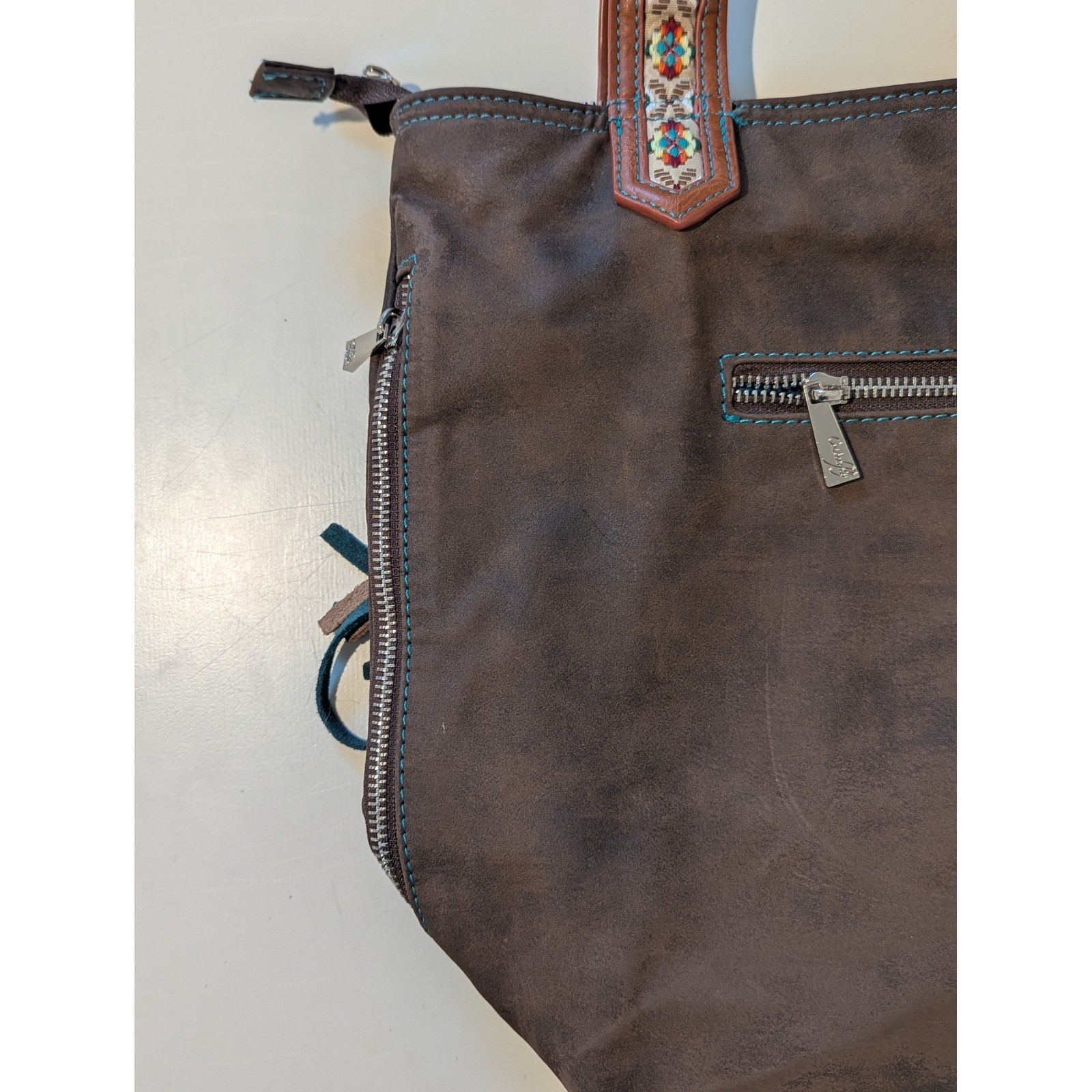 Catchfly Western Boho Faux Suede Tote Bag Brown Turquoise Fringe Embroidered
