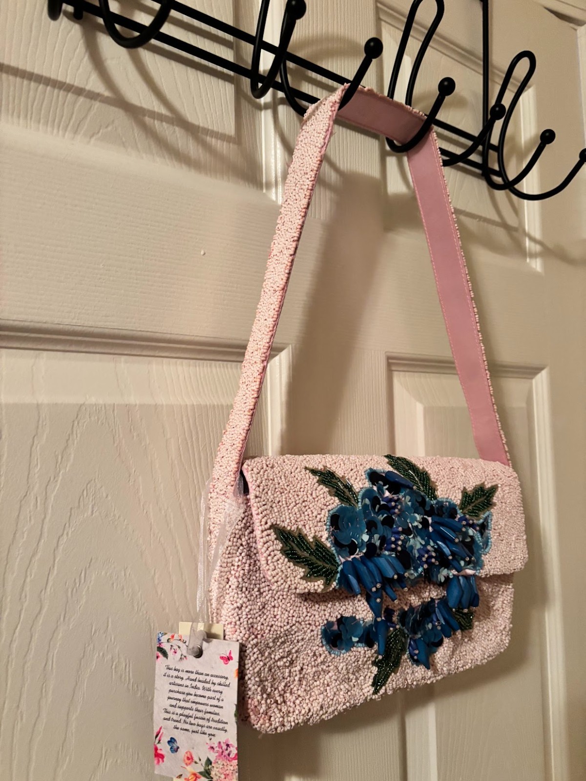 NWT Brock Collection Pink Blue Hydrangea Beaded Floral Shoulder Bag Purse India