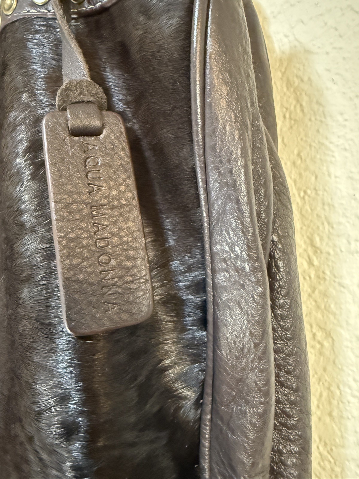 Leather and Calf Hide Purse by Aqua Madonna in Brown with Brass Color Finishings