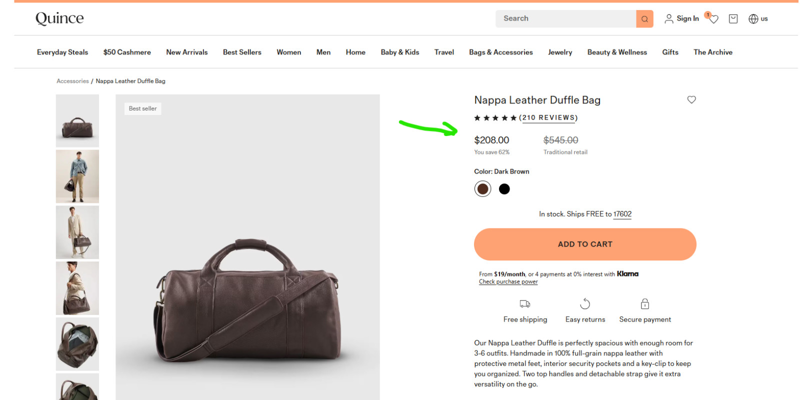 NWT QUINCE NAPPA LEATHER DUFFLE TRAVEL DUFFEL BAG TRAVEL CARRYON MSRP $208