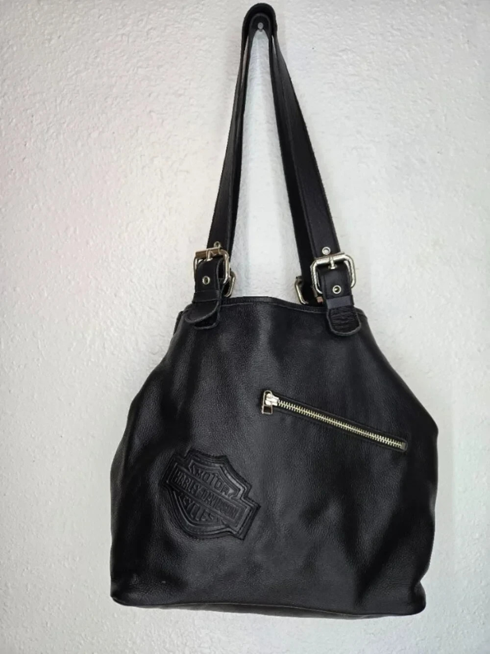 Vintage Harley Davidson Black Logo Pebble Leather Shoulder Bag Purse Tote Snaps