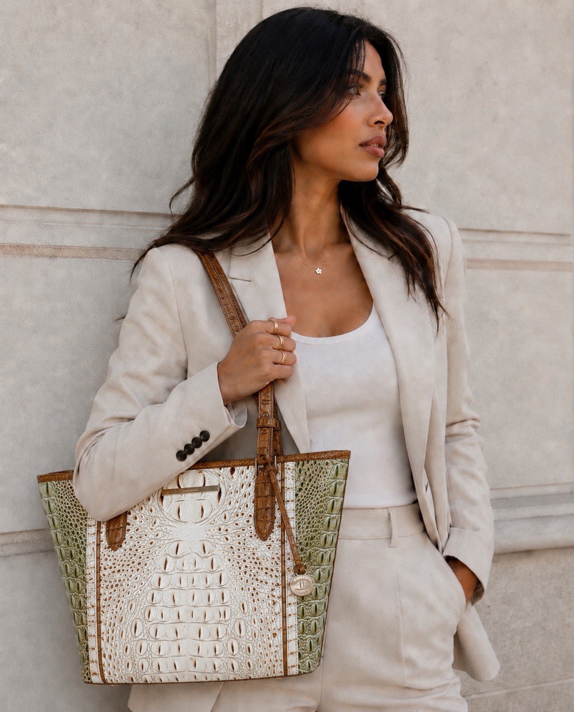 Brahmin Medium Asher Tote Fern Williamette Green Ivory Tan Melbourne Leather