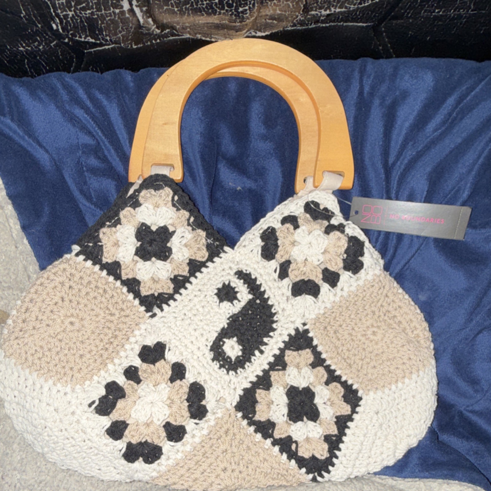 No Boundaries Crochet Top Handle Bag Wood Handle Beige Black Floral Bohemian