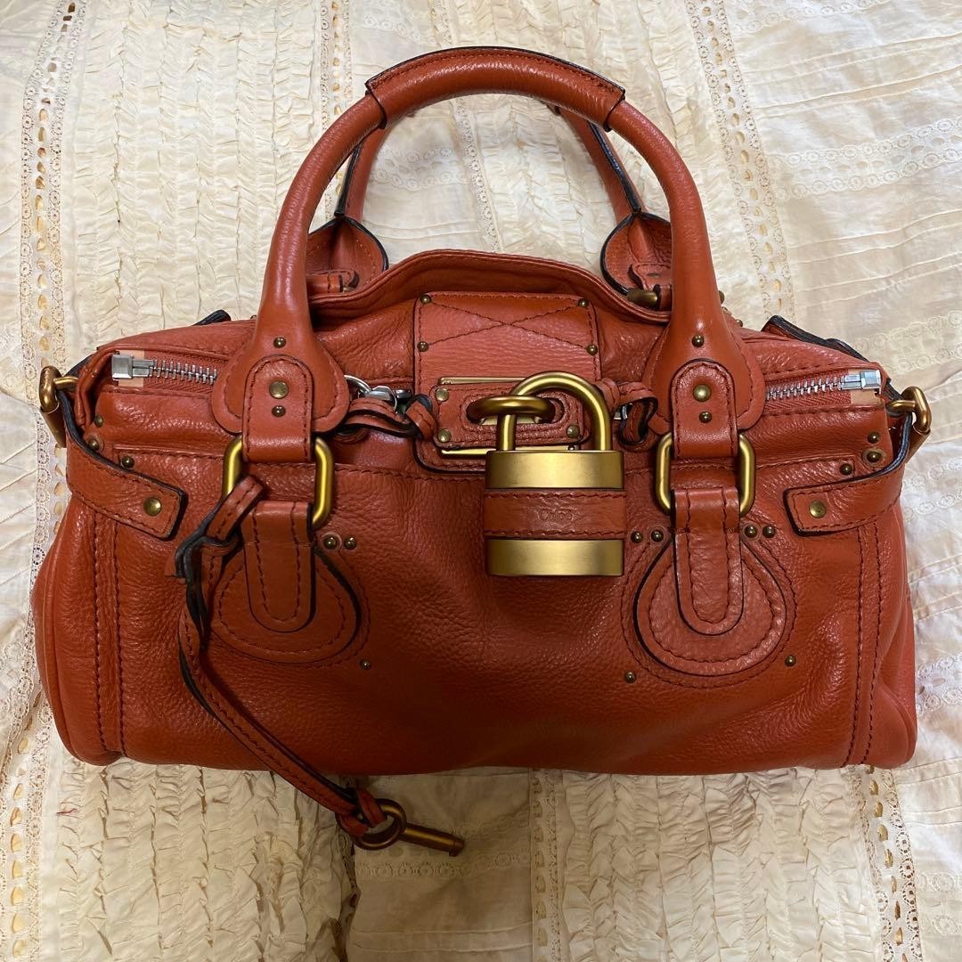 Chloe Paddington Orange Handbag Shoulder Bag 2way Leather Padlock Auth