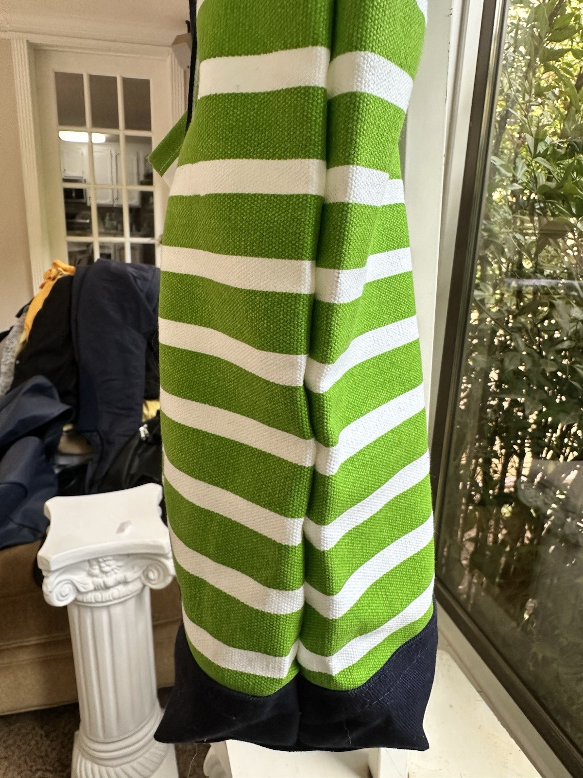 Green & White Striped Open-Top Tote Bag, Navy Double Handles, Embroidered Whale