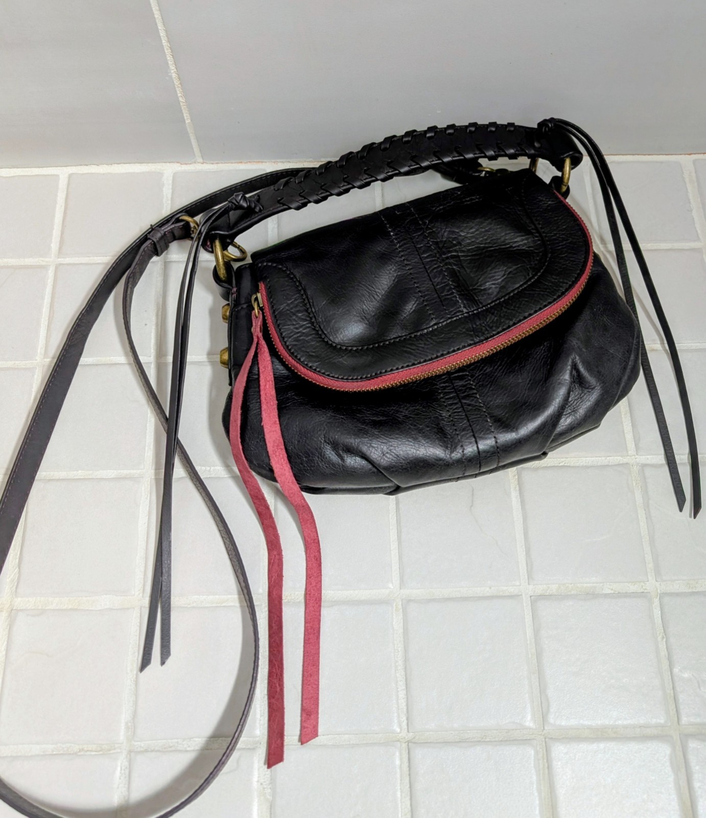 Lucky Brand Black Leather Crossbody Bag with Red Trim and Adjustable Strap