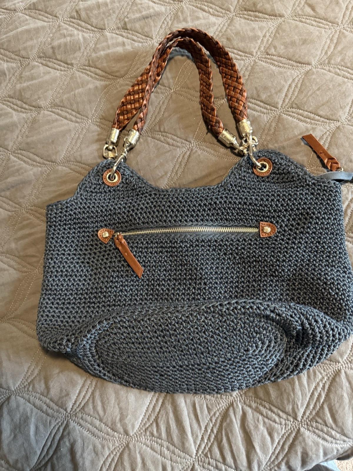 The Sak Indio Crochet Blue Shoulderbag with Braided Leather Handles