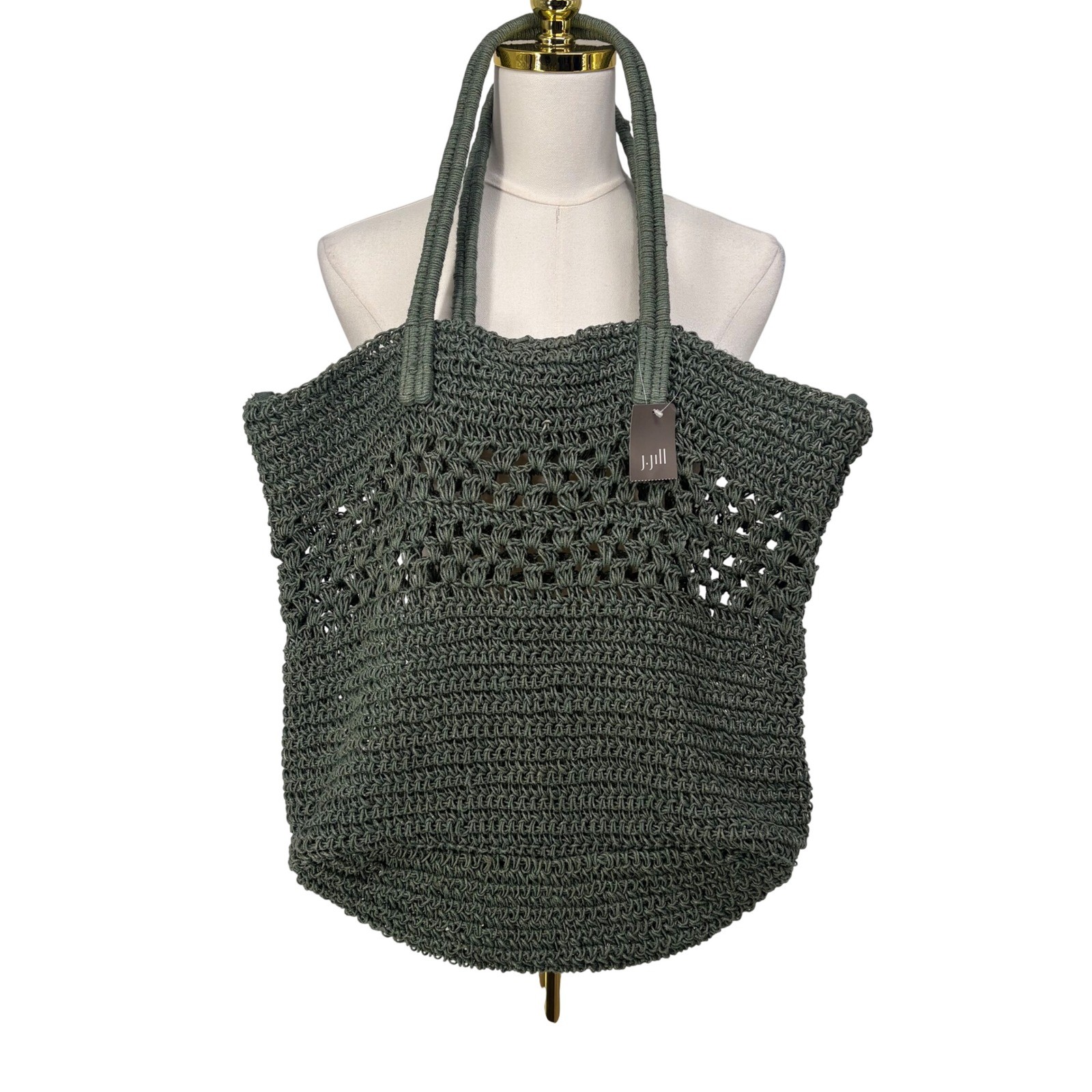 J. Jill Crochet Woven Tote Bag New Sage Open Knit Shoulder Bag Market Beach