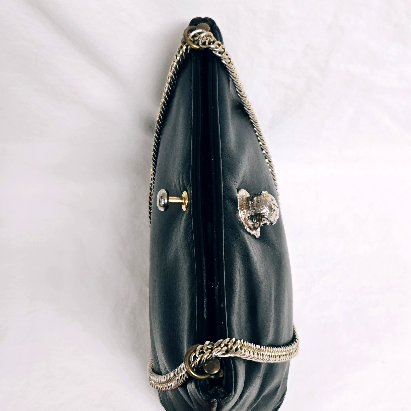 Ruth Saltz 1970s Leather Purse Handbag Cougar Motif Convertible Chain Hardware