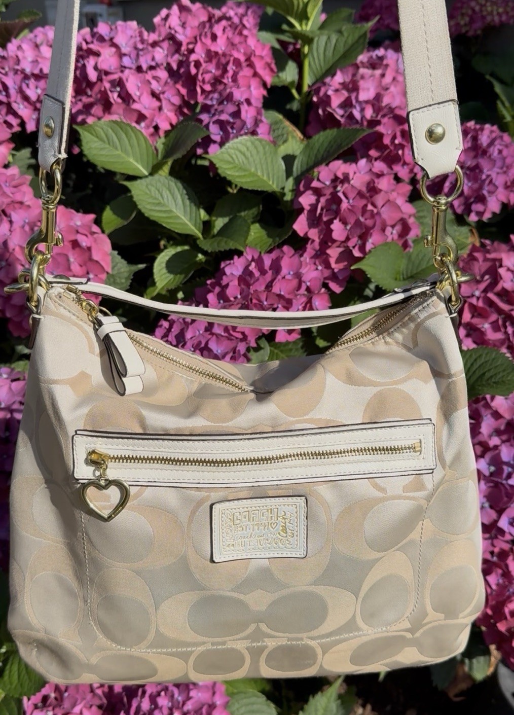 🌸 VTG 2012 Coach Poppy Daisy Signature Hobo Crossbody Bag F20064 White Pink Y2K