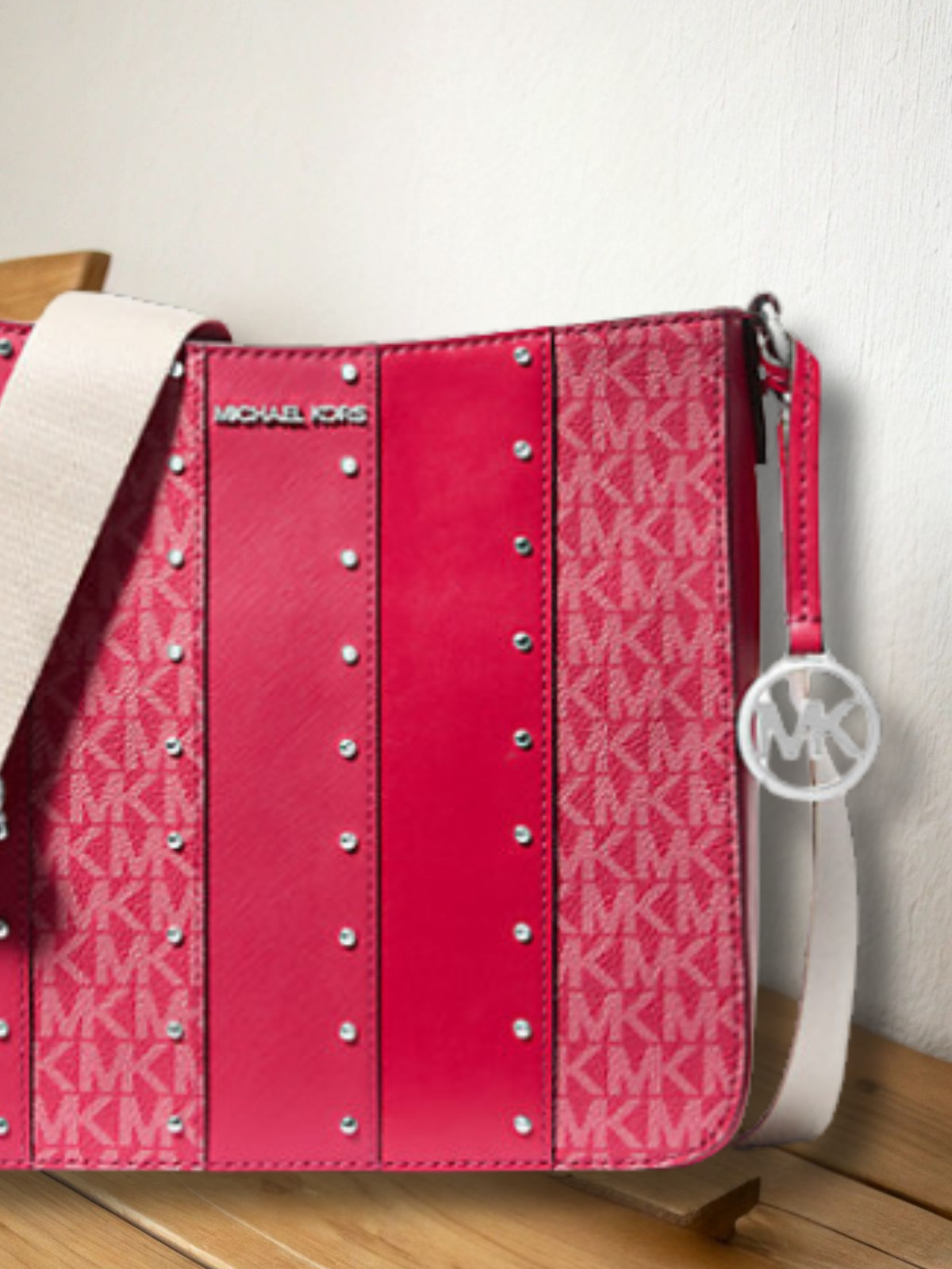 Michael Kors Jet Set Small Studded Patchwork Logo Crossbody Bag Dark Raspberry
