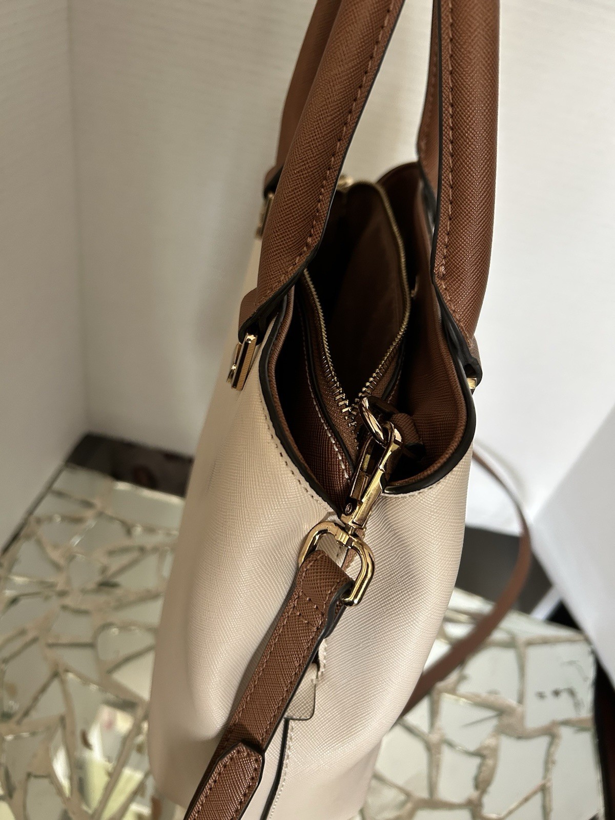 Cream and Brown ALDO Legoiri Tote Bag Features Gold-tone Hardware and Handles