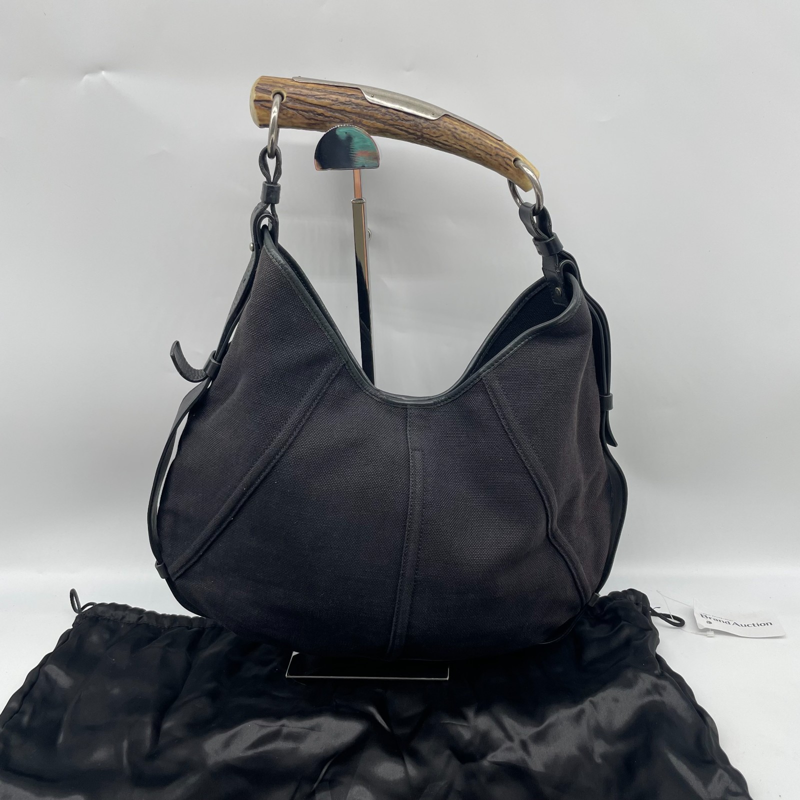 Yves Saint Laurent Mombasa Hobo Handbag Black Canvas Leather Y2K Bag YSL Auth