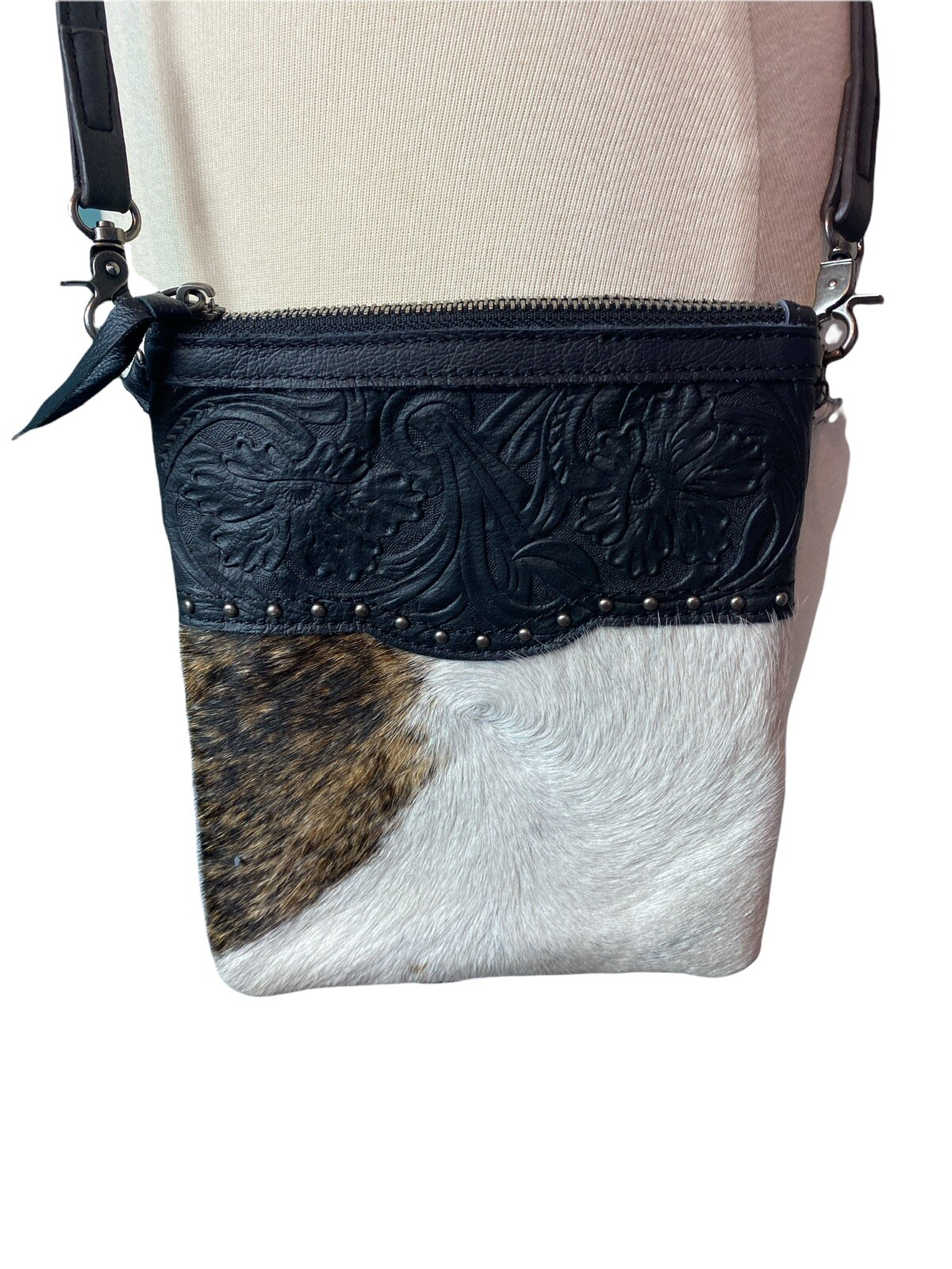 Cowhide Crossbody Western Embossed Leather Studded Adjustable Strap