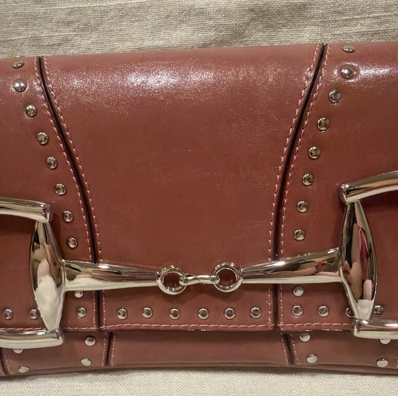 Rina Rich Y2K Horsebit Studded Shoulder Bag Pink Baguette Heart Tag Vintage
