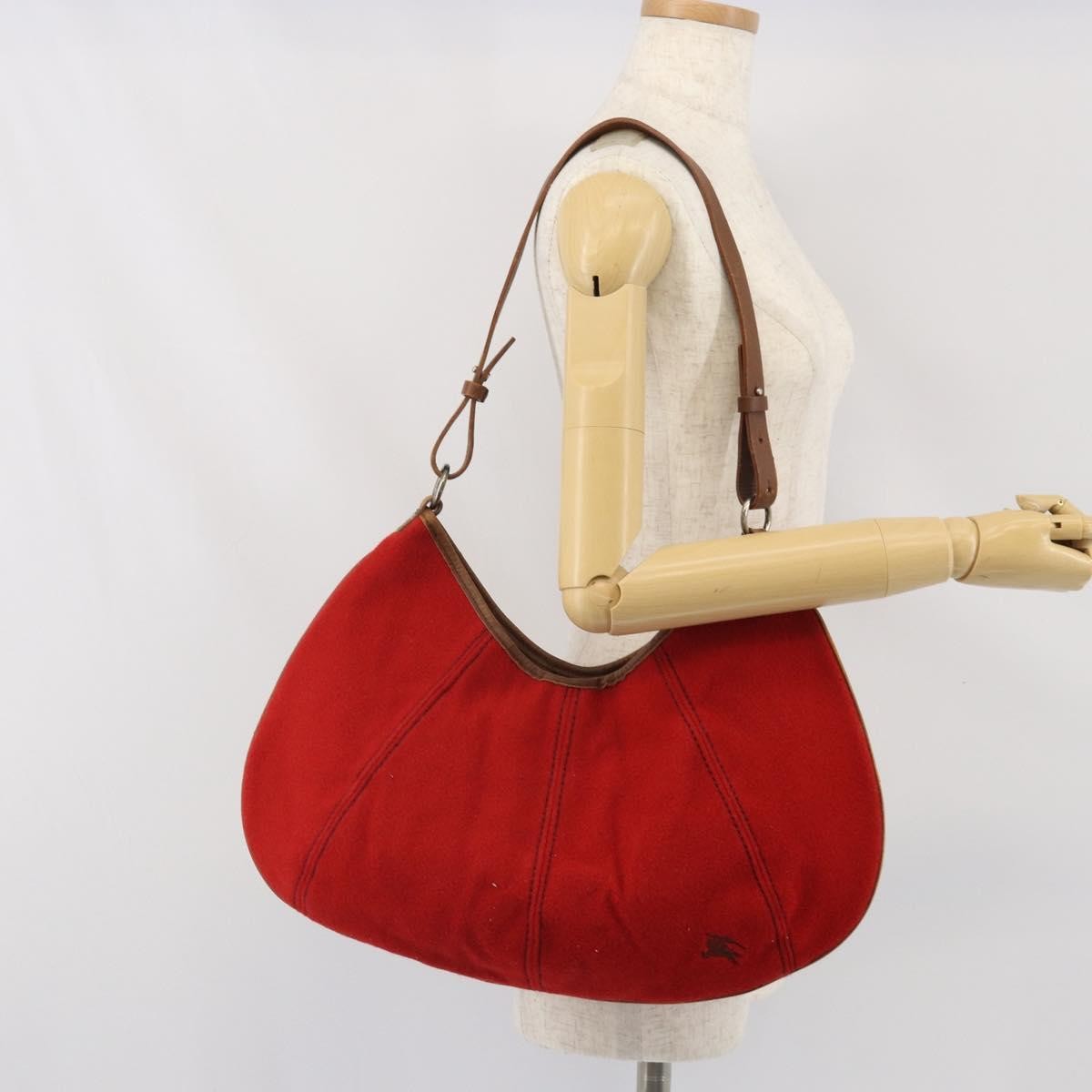 BURBERRY Blue Label Shoulder Bag Felt Leather Red Silver Auth ti3756